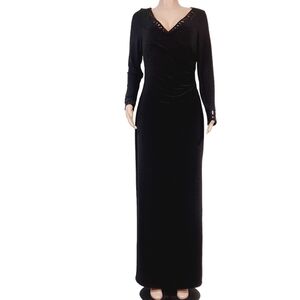 Ralph Lauren LRL Black Beaded Stretch Knit Ruched Maxi Gala Dress Sz L